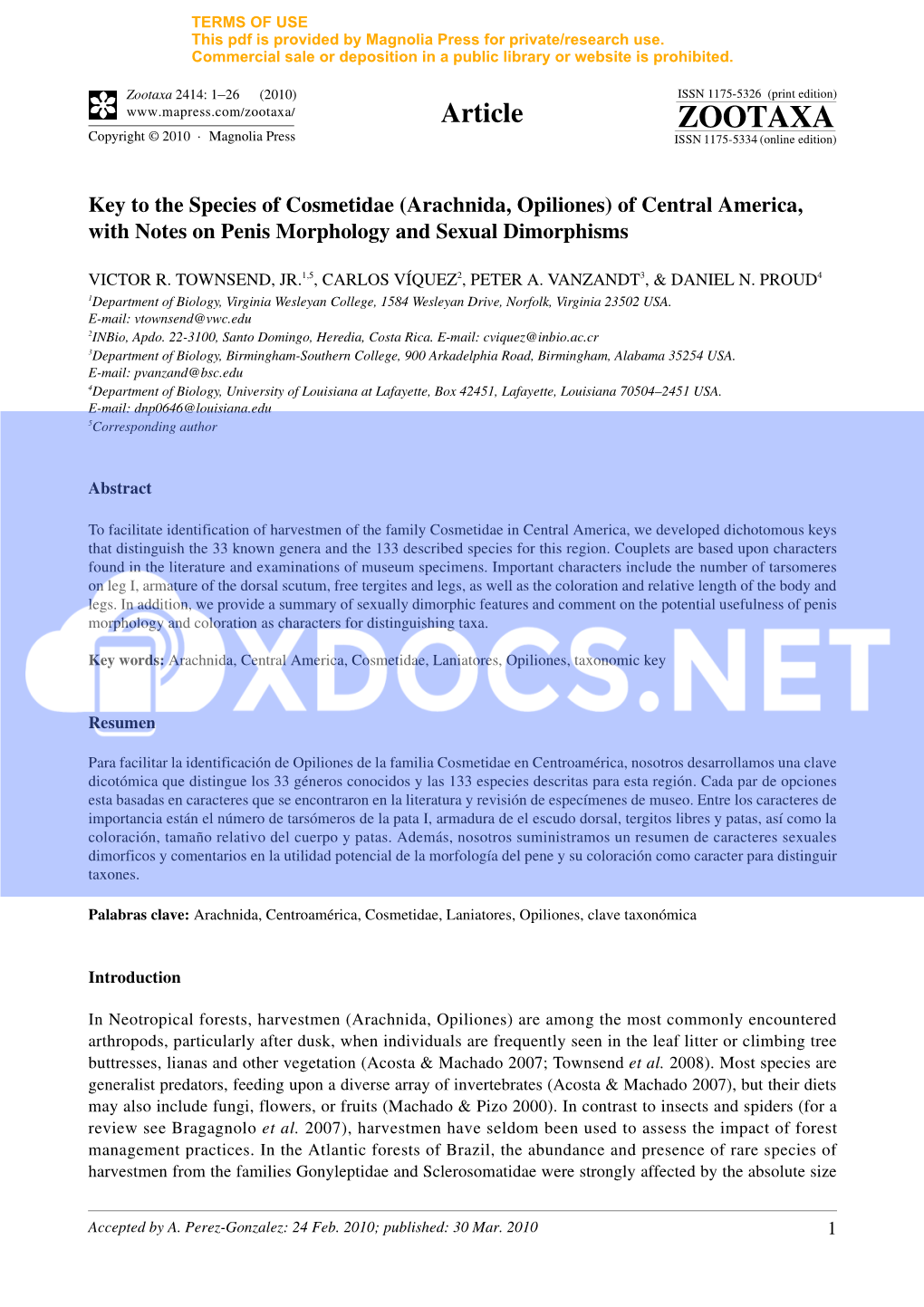 Key to the Species of Cosmetidae (Arachnida, Opiliones) of Central America, with Notes on Penis Morphology and Sexual Dimorphisms