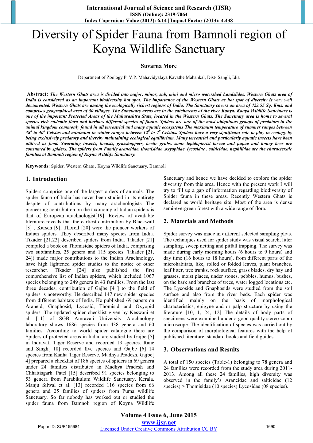 Diversity of Spider Fauna from Bamnoli Region of Koyna Wildlife Sanctuary