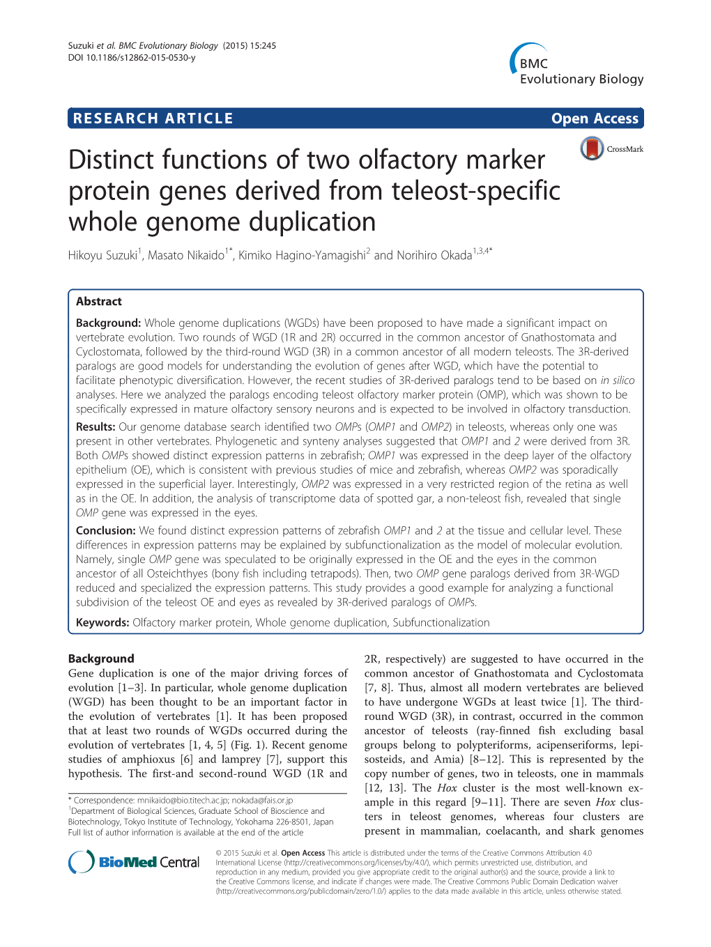 Distinct Functions of Two Olfactory Marker Protein Genes Derived from Teleost-Specific Whole Genome Duplication