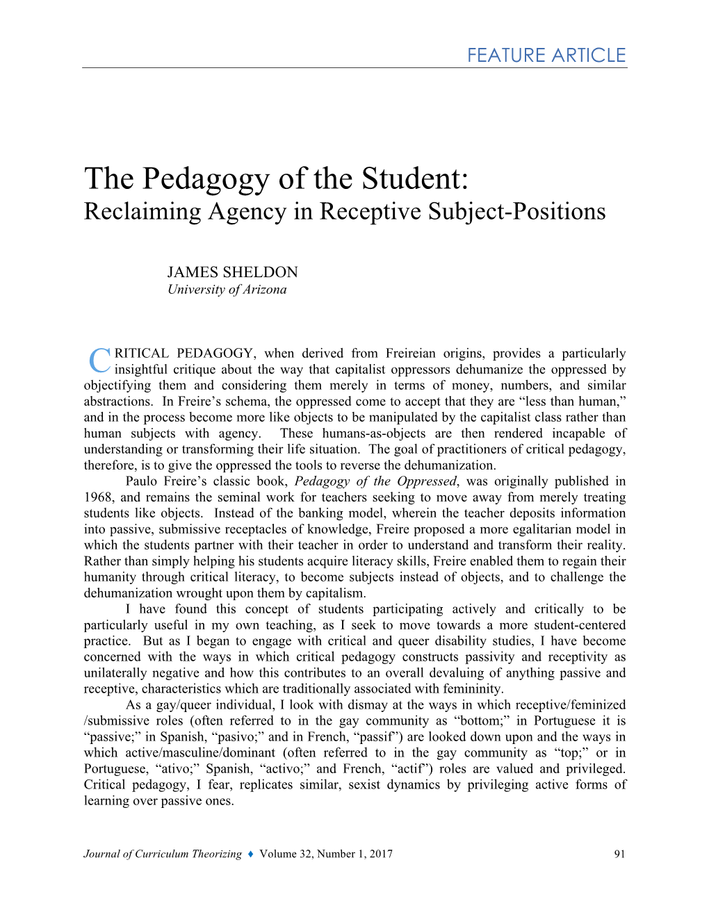 The Pedagogy of the Student: Reclaiming Agency in Receptive Subject-Positions