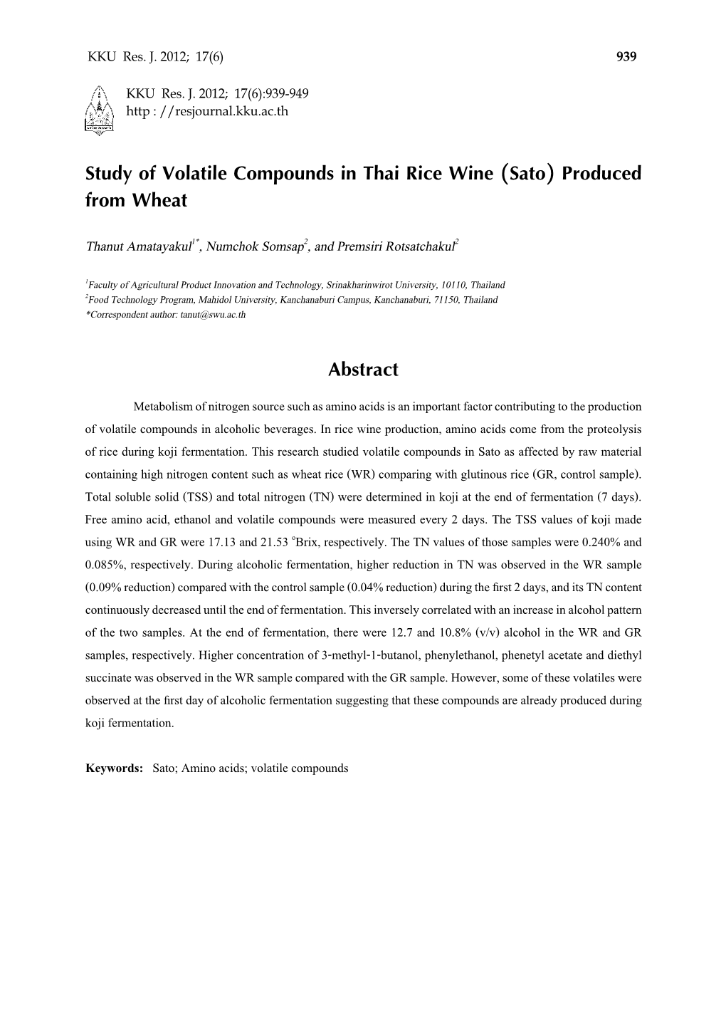 Study of Volatile Compounds in Thai Rice Wine (Sato) Produced from Wheat