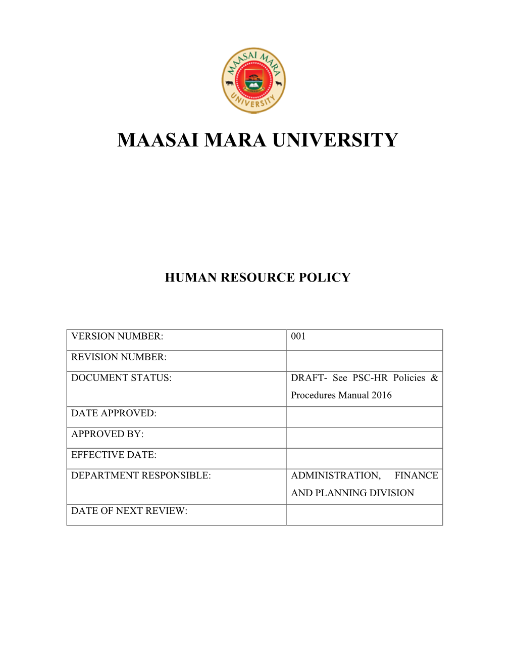 Human Resource Policy for MMARAU