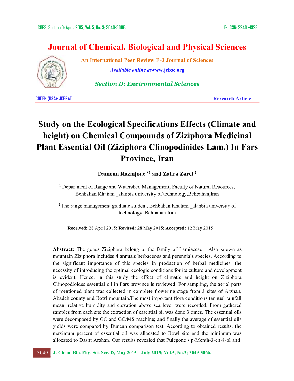 Climate and Height) on Chemical Compounds of Ziziphora Medicinal Plant Essential Oil (Ziziphora Clinopodioides Lam.) in Fars Province, Iran