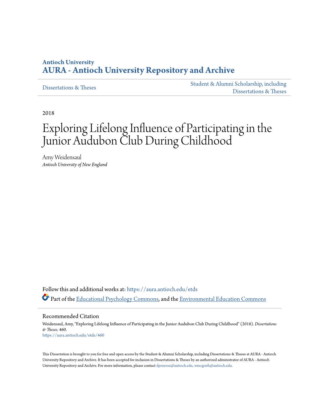 Exploring Lifelong Influence of Participating in the Junior Audubon Club During Childhood Amy Weidensaul Antioch University of New England