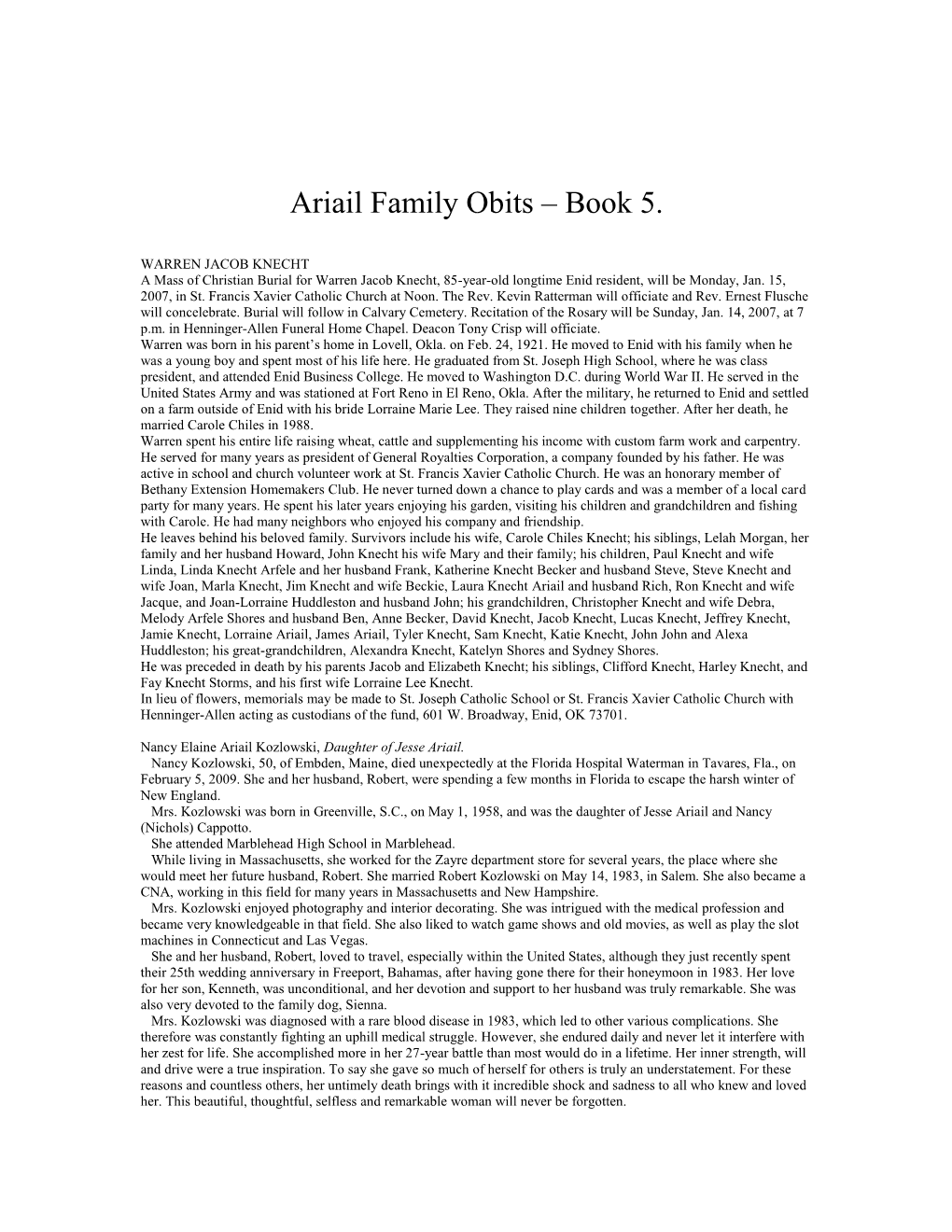 Ariail Family Obits – Book 5