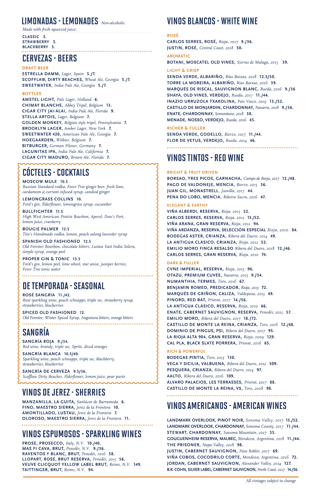 Bulla Atlanta Beverage Menu