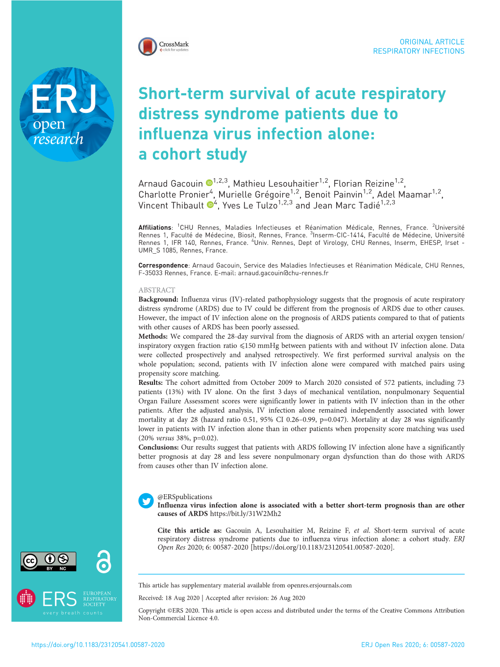 Short-Term Survival of Acute Respiratory Distress Syndrome Patients Due to Influenza Virus Infection Alone: a Cohort Study