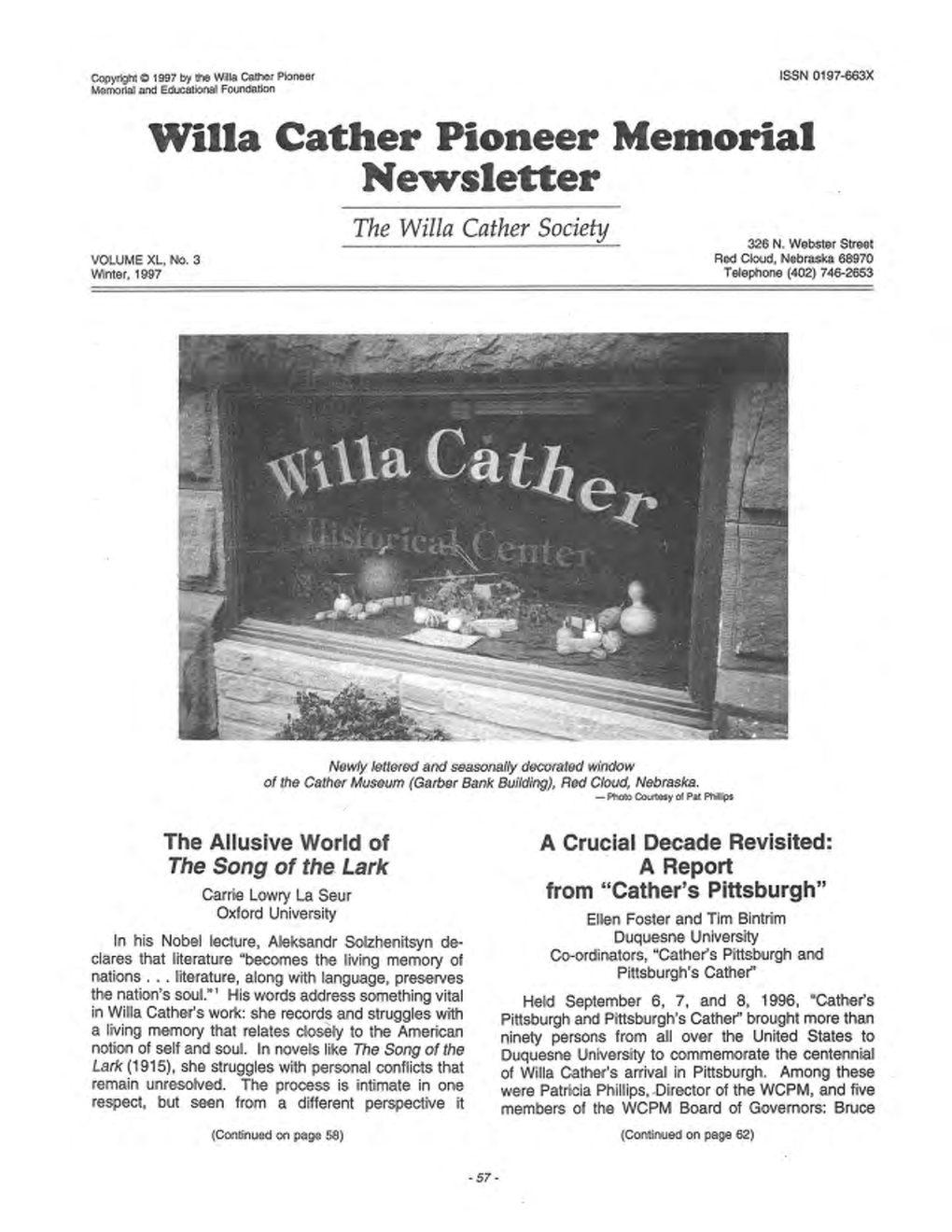 Villa Cather Pioneer Memorial Newsletter the Willa Cather Society 326 N