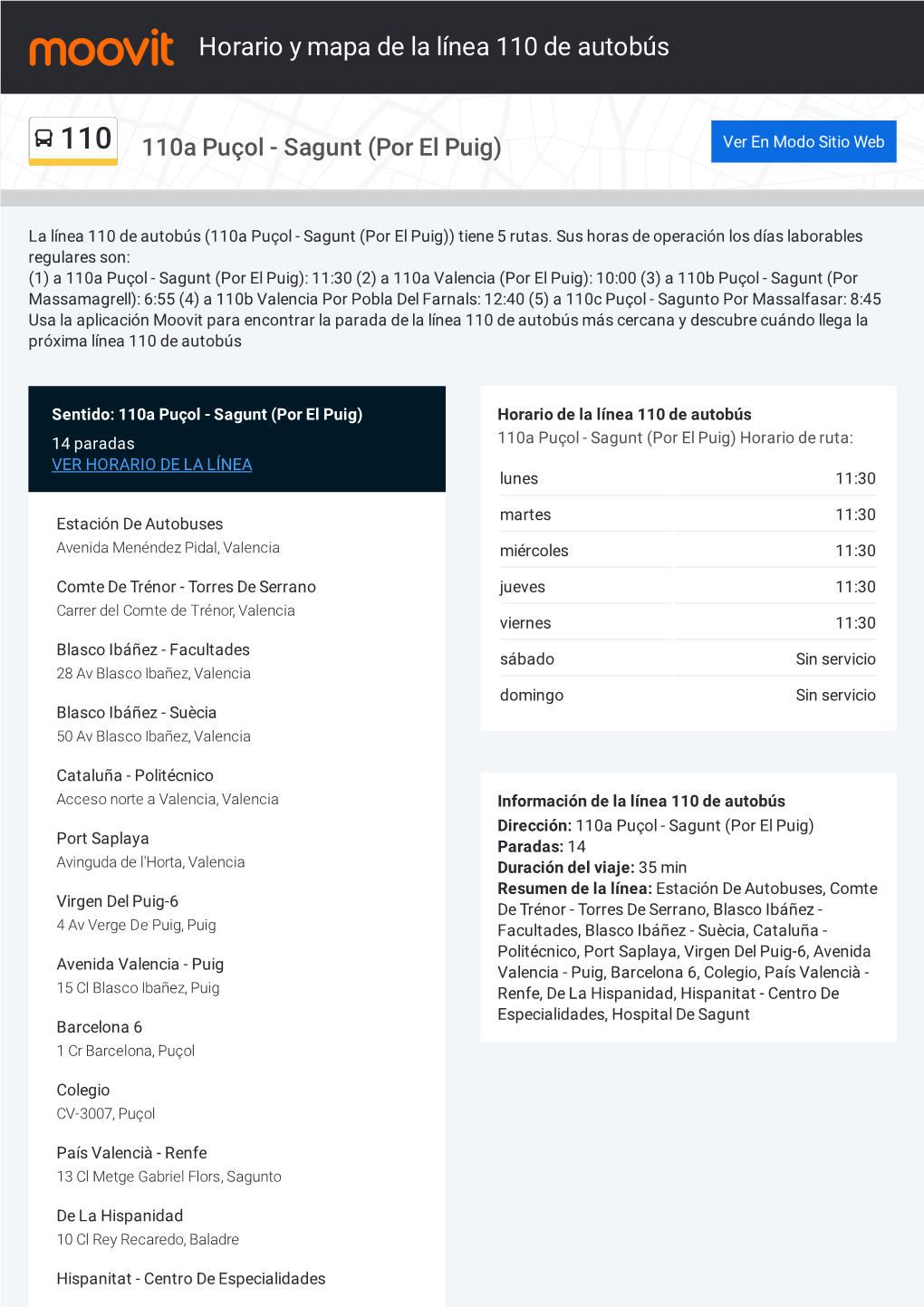 Horario Y Mapa De La Ruta 110 De Autobús