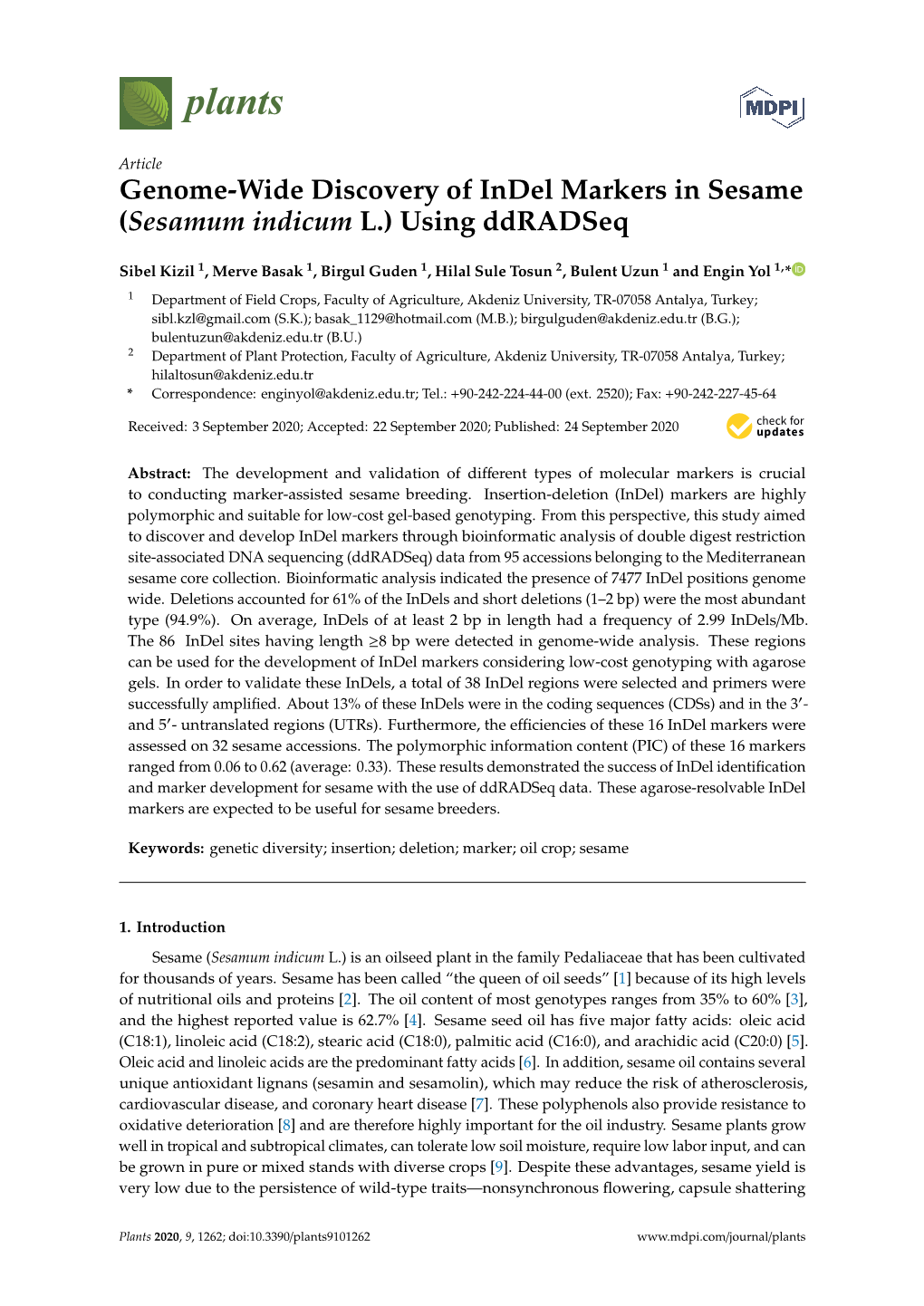 Genome-Wide Discovery of Indel Markers in Sesame (Sesamum Indicum L.) Using Ddradseq