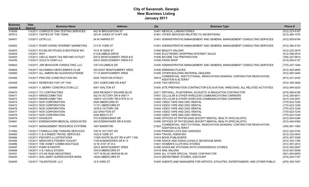 City of Savannah, Georgia New Business Listing January 2011