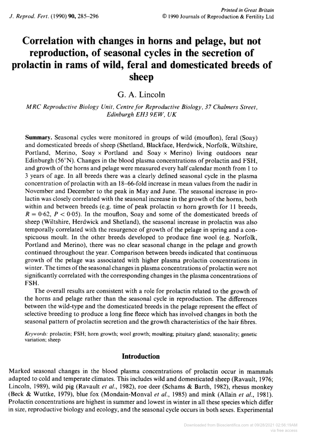 Reproduction, of Seasonal Cycles in the Secretion of Sheep