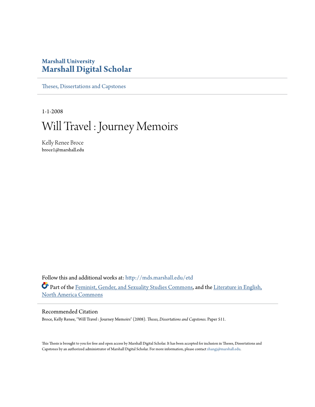 Journey Memoirs Kelly Renee Broce Broce1@Marshall.Edu