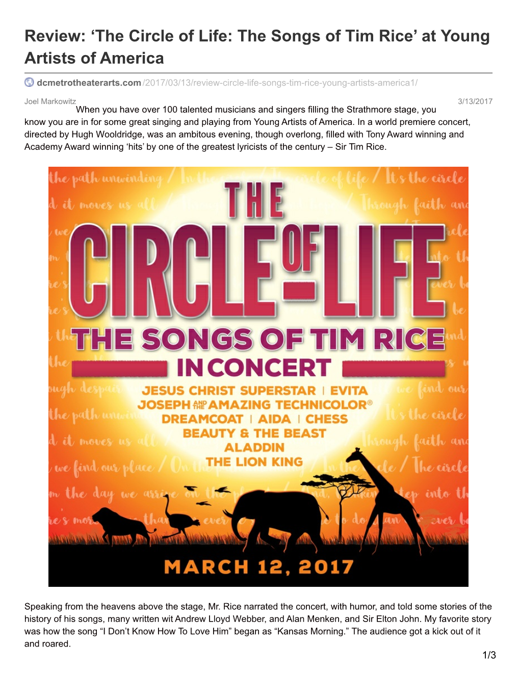 Review: 'The Circle of Life: the Songs of Tim Rice' at Young Artists Of