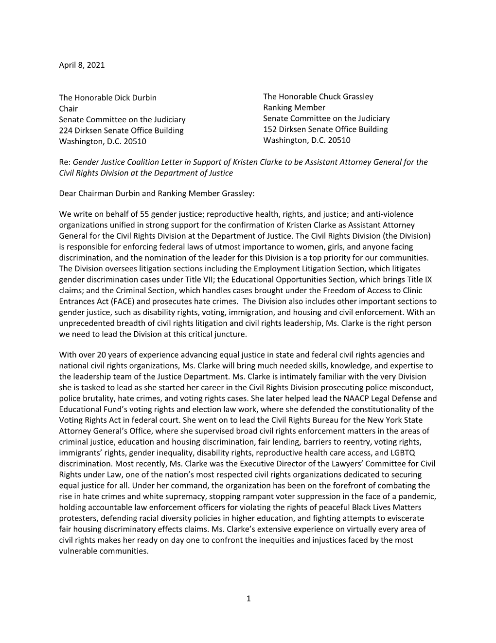 Gender Justice Coalition Letter in Support of Kristen Clarke to Be Assistant Attorney General for the Civil Rights Division at the Department of Justice