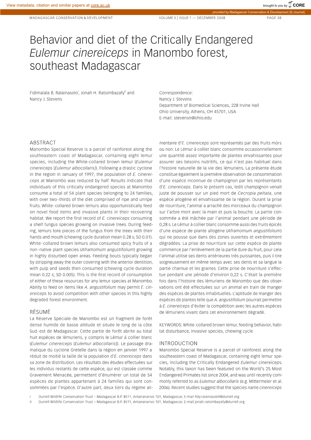 Behavior and Diet of the Critically Endangered Eulemur Cinereiceps in Manombo Forest, Southeast Madagascar