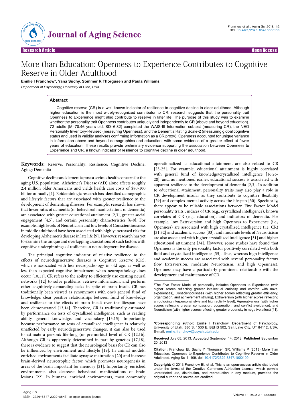 Openness to Experience Contributes to Cognitive Reserve in Older