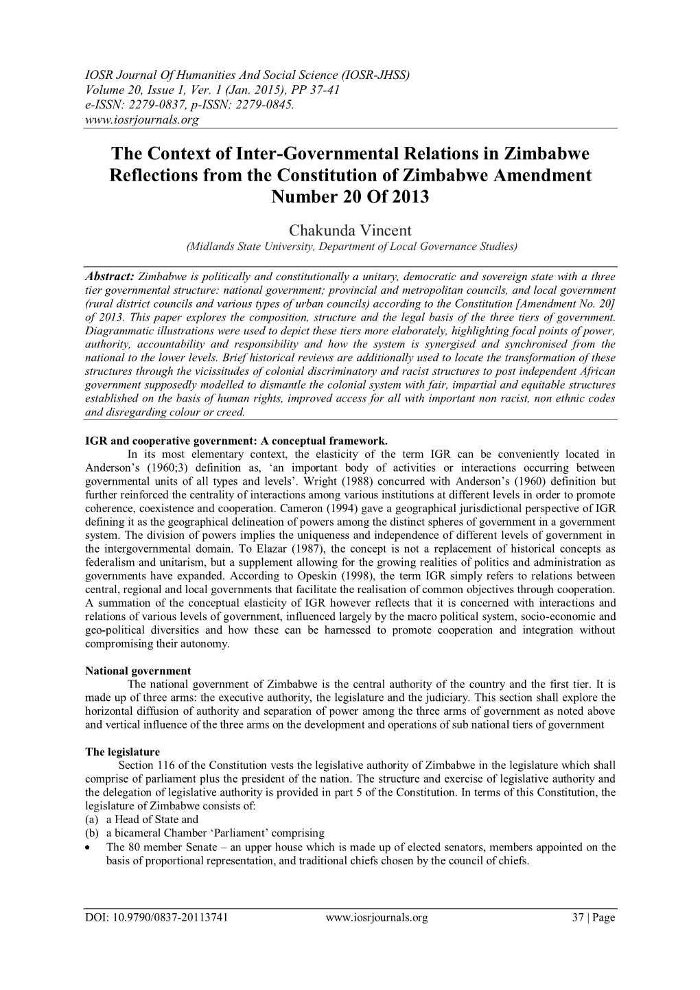 The Context of Inter-Governmental Relations in Zimbabwe Reflections from the Constitution of Zimbabwe Amendment Number 20 of 2013