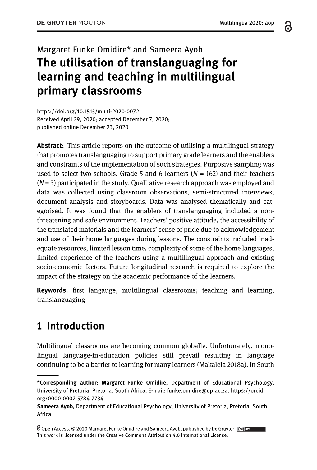 The Utilisation of Translanguaging for Learning and Teaching in Multilingual Primary Classrooms