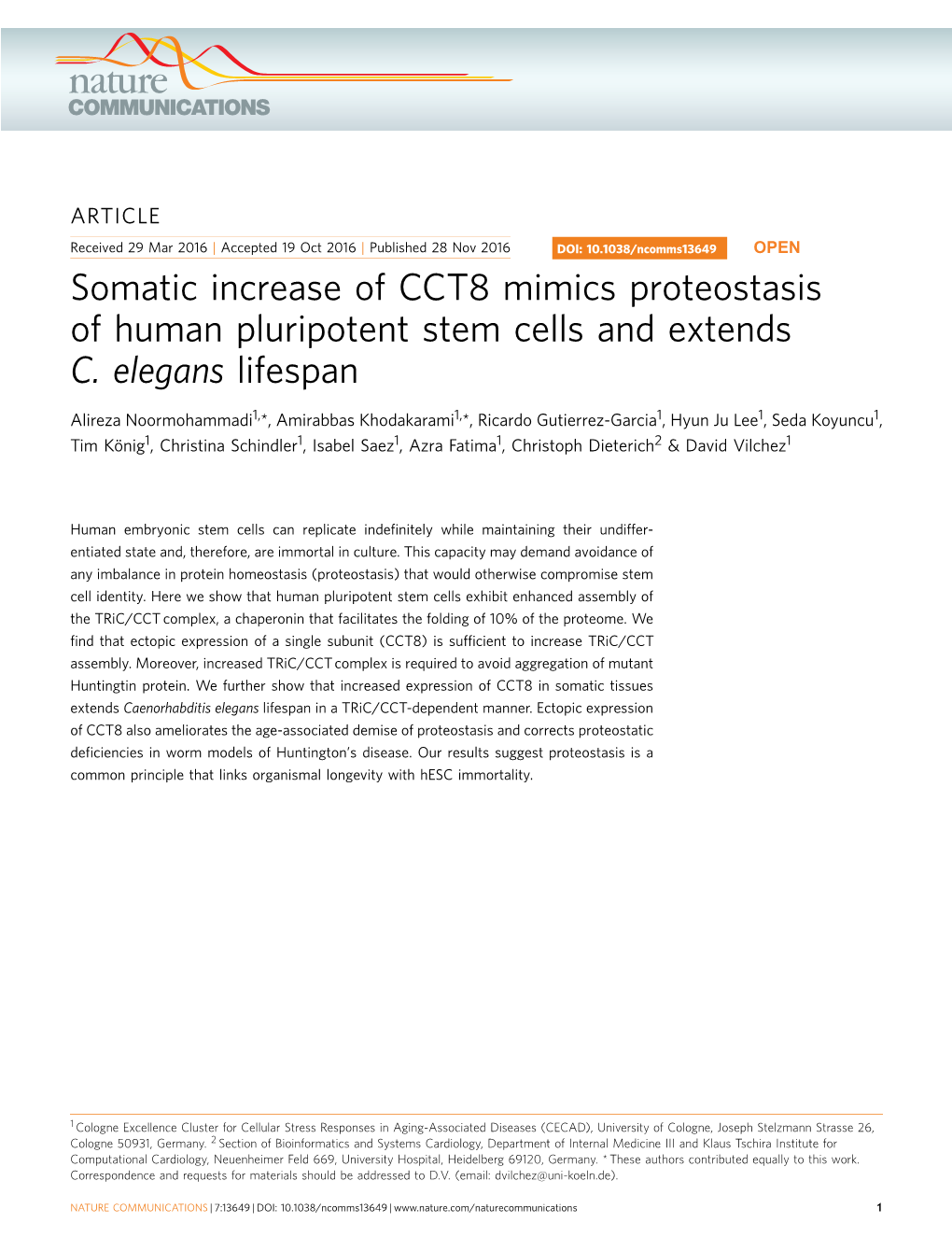 Somatic Increase of CCT8 Mimics Proteostasis of Human Pluripotent Stem Cells and Extends C. Elegans Lifespan