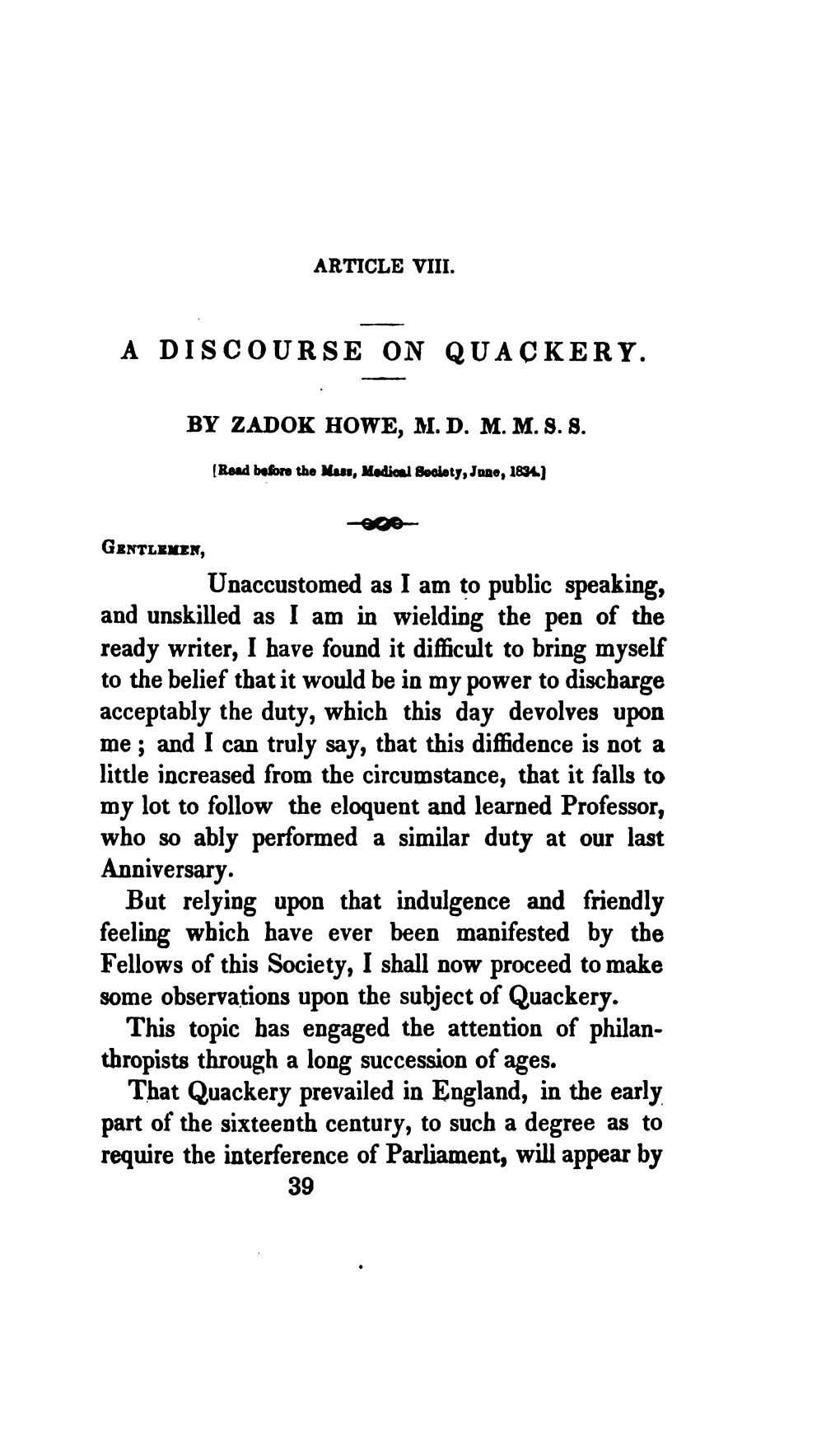 Article Viii. a Discourse on Quackery. by Zadok Howe