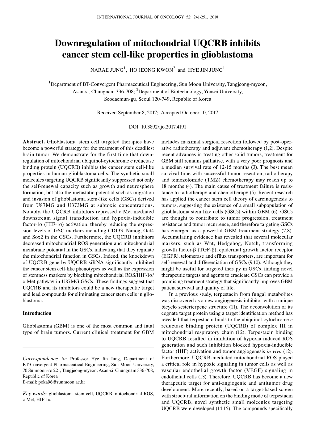 Downregulation of Mitochondrial UQCRB Inhibits Cancer Stem Cell-Like Properties in Glioblastoma