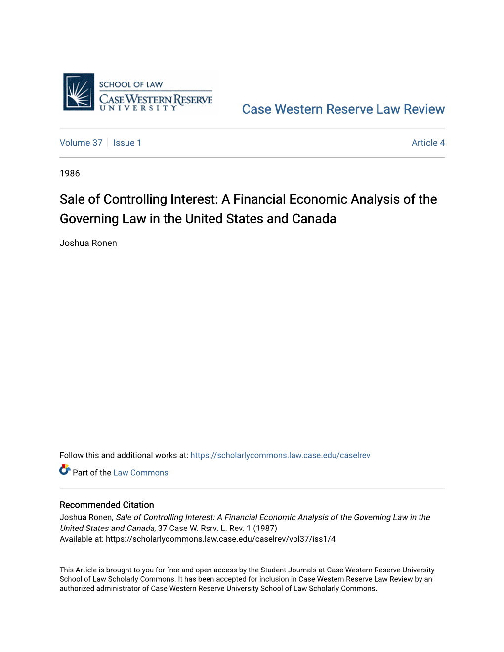 Sale of Controlling Interest: a Financial Economic Analysis of the Governing Law in the United States and Canada