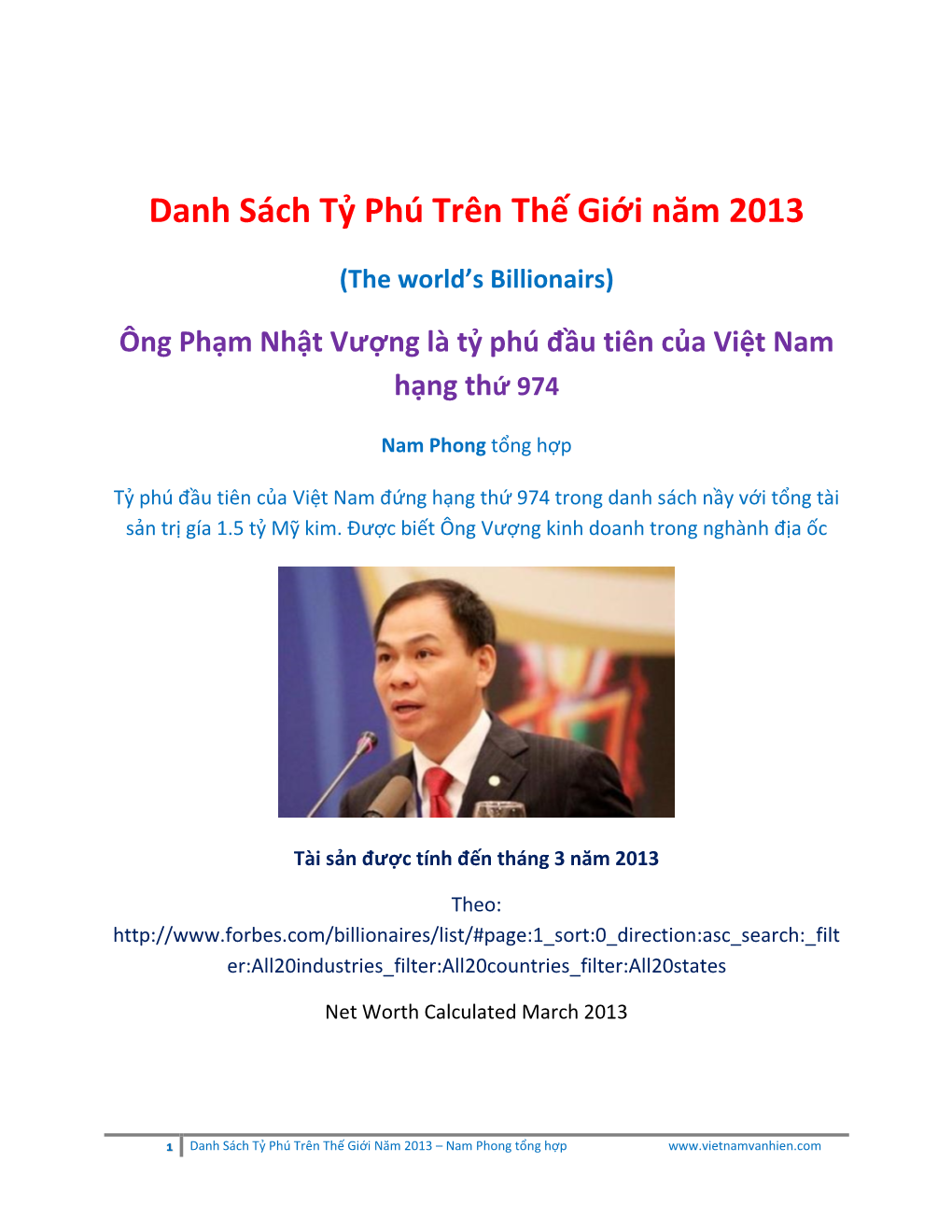 Danh Sách Tỷ Phú Trên Thế Giới Năm 2013