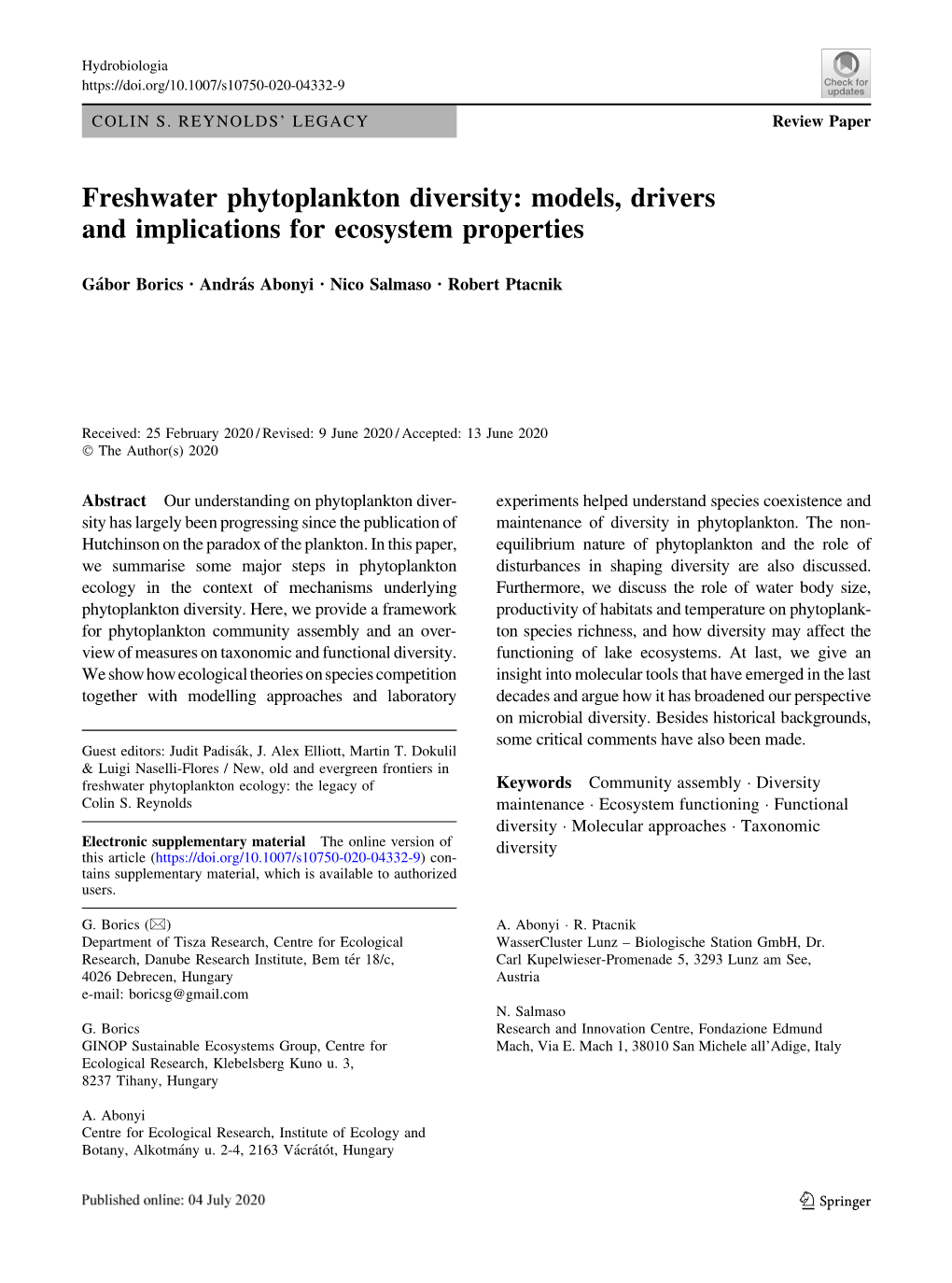 Freshwater Phytoplankton Diversity: Models, Drivers and Implications for Ecosystem Properties