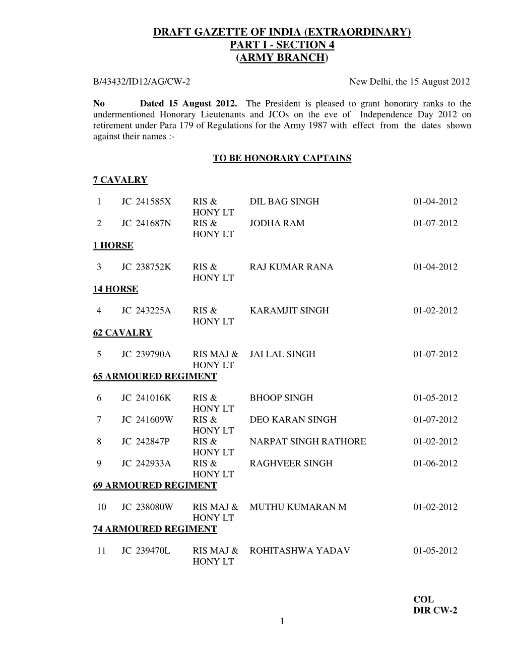 Extraordinary) Part I - Section 4 (Army Branch