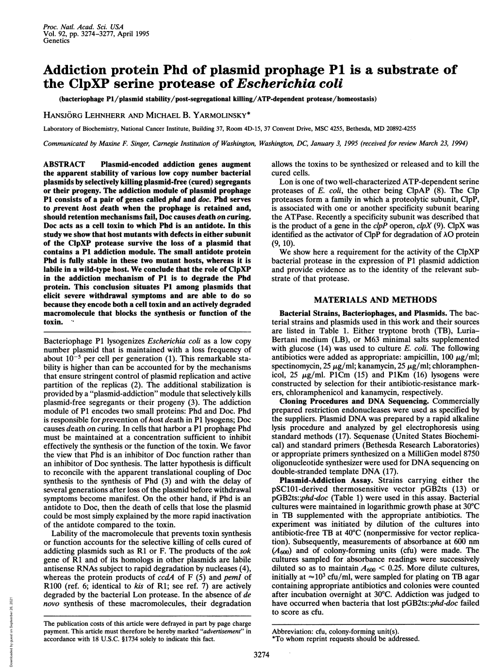 Addiction Protein Phd of Plasmid Prophage P1 Is a Substrate Of