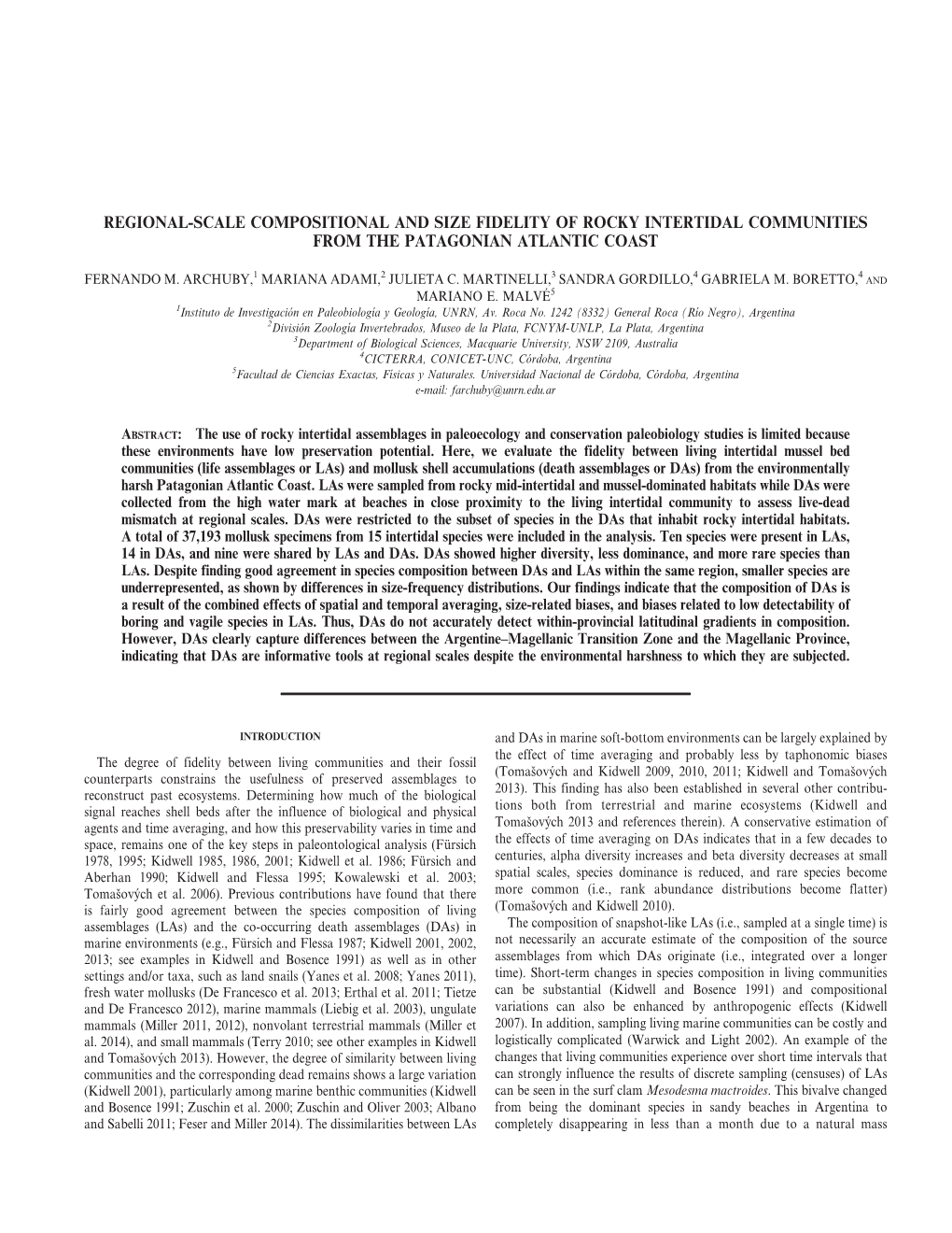 Regional-Scale Compositional and Size Fidelity of Rocky Intertidal Communities from the Patagonian Atlantic Coast