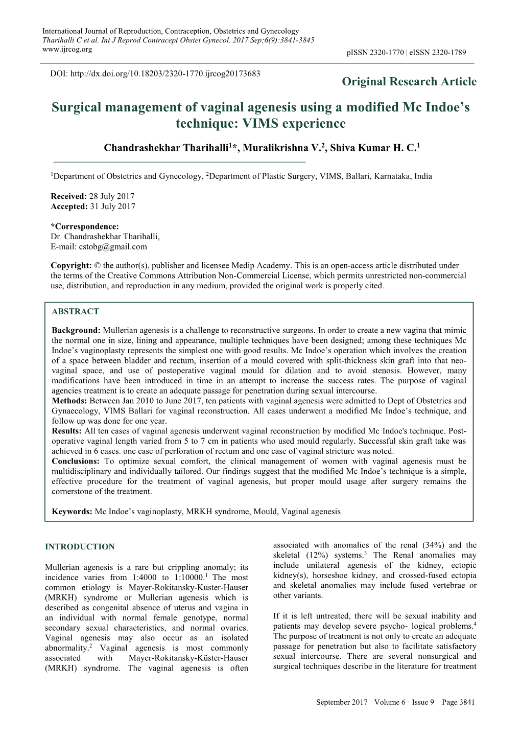 Surgical Management of Vaginal Agenesis Using a Modified Mc Indoe’S Technique: VIMS Experience