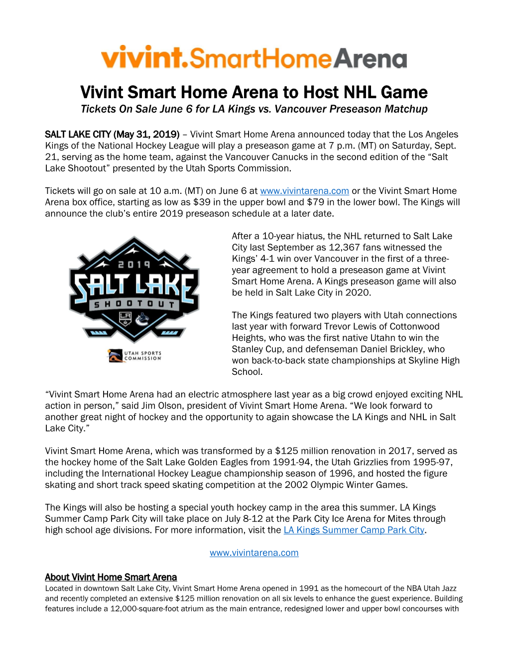 Vivint Smart Home Arena to Host NHL Game Tickets on Sale June 6 for LA Kings Vs