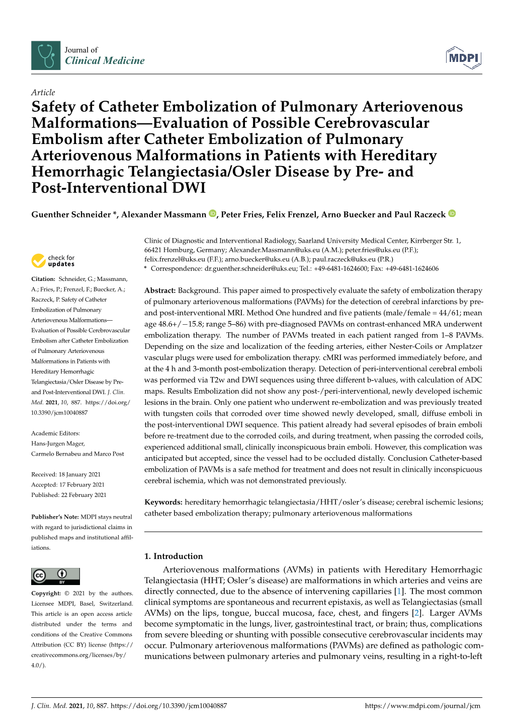 Safety of Catheter Embolization of Pulmonary Arteriovenous