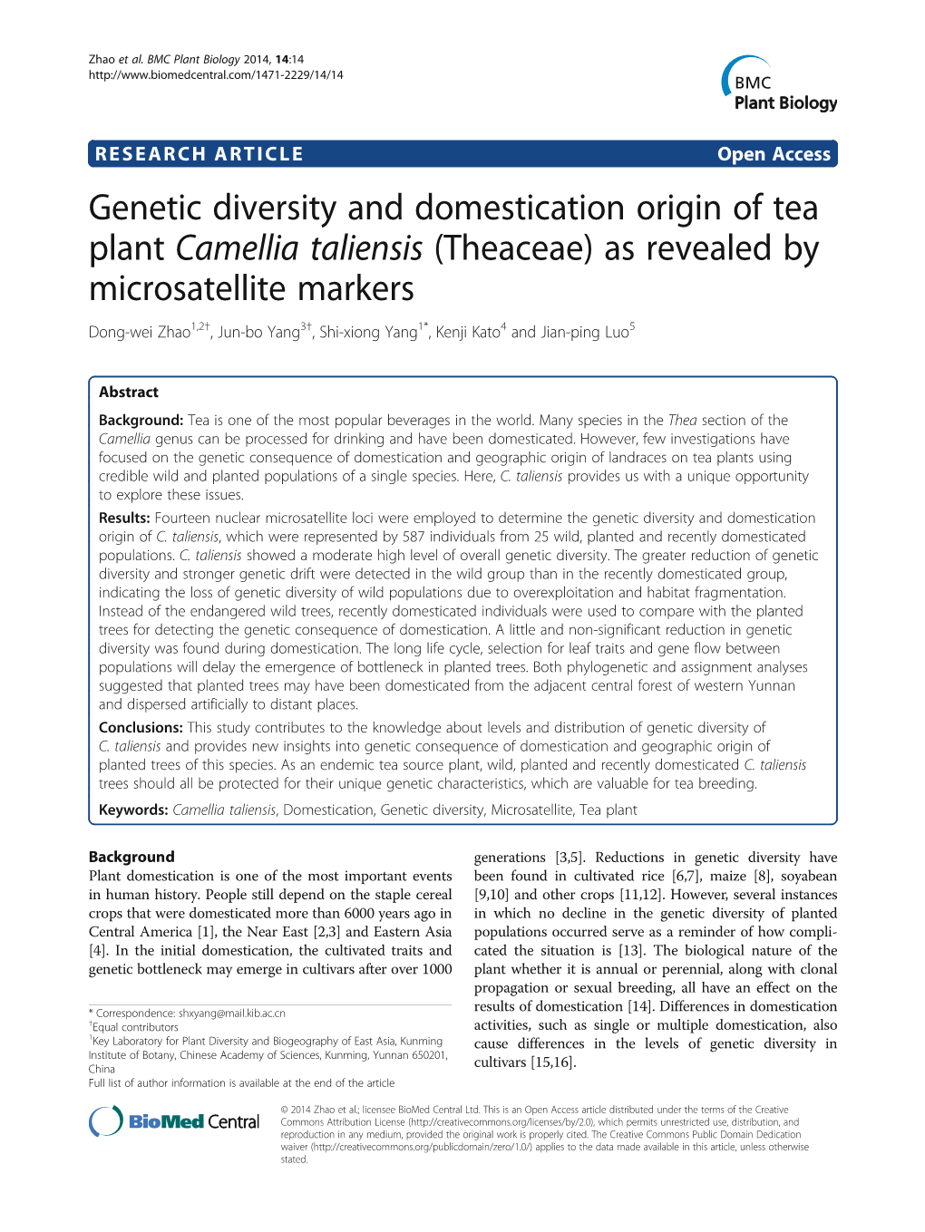 Genetic Diversity and Domestication Origin of Tea Plant Camellia Taliensis