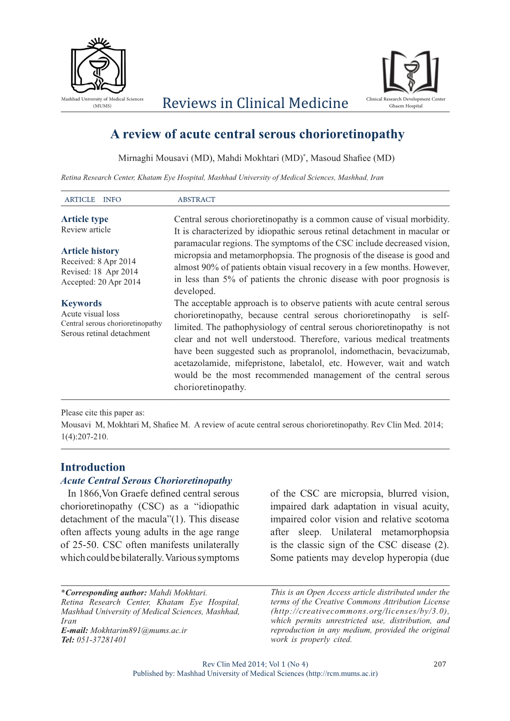 A Review of Acute Central Serous Chorioretinopathy