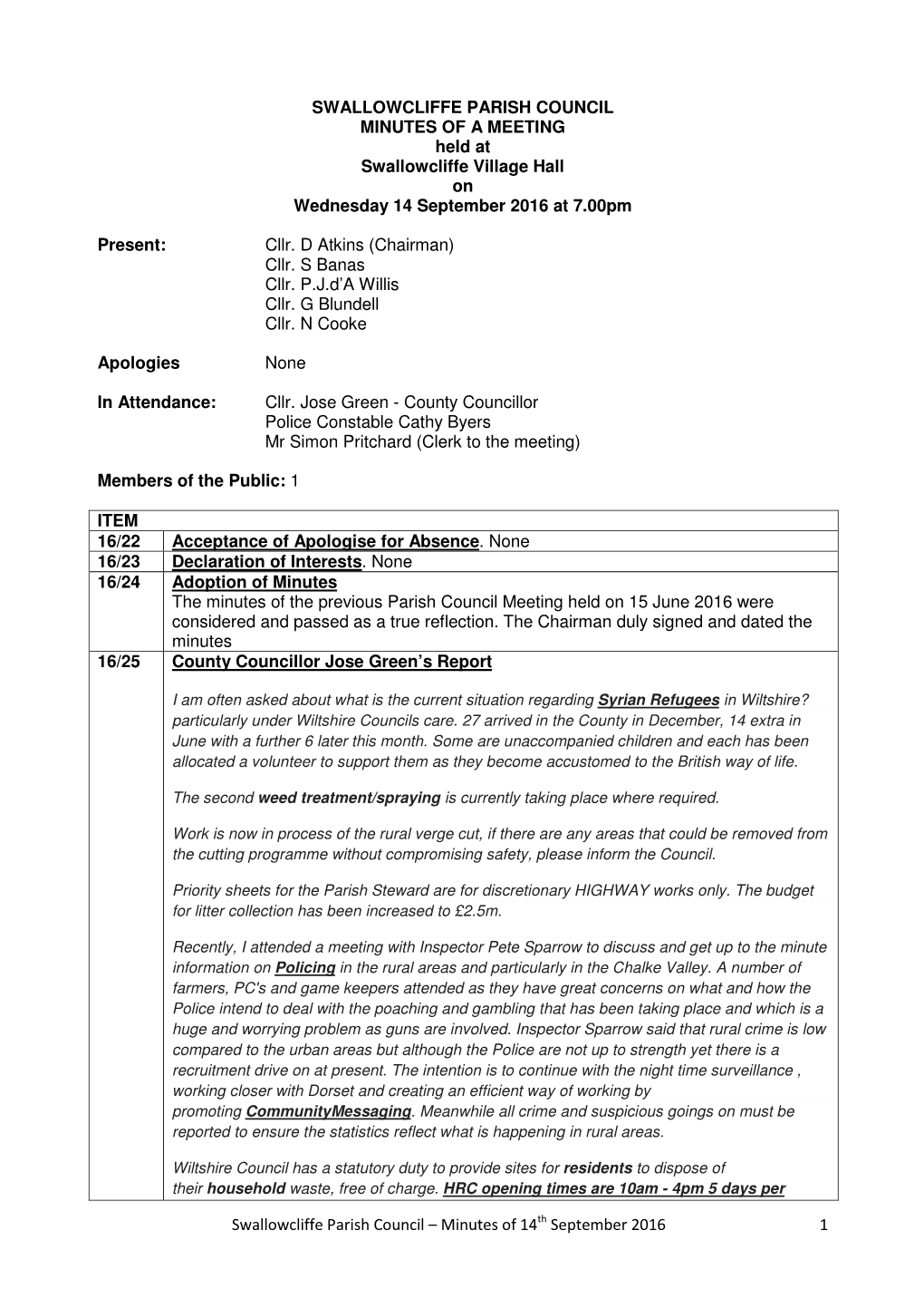 Swallowcliffe Parish Council Minutes of 14Th September 2016 1