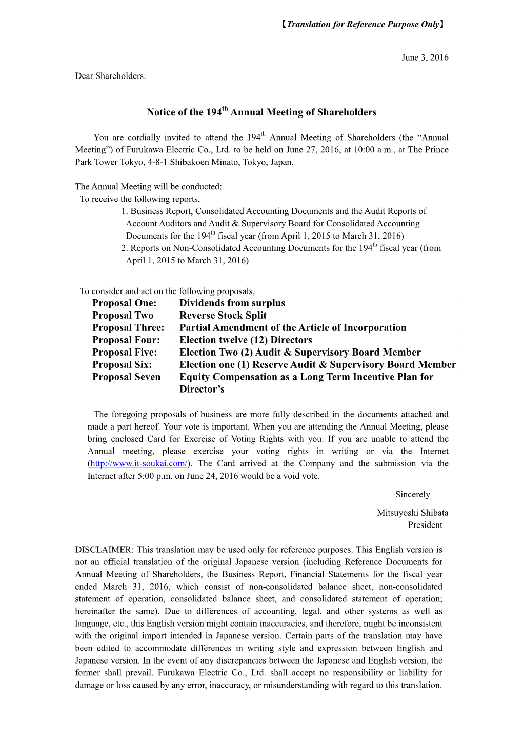 Notice of the 194Th Annual Meeting of Shareholders (PDF 362KB)