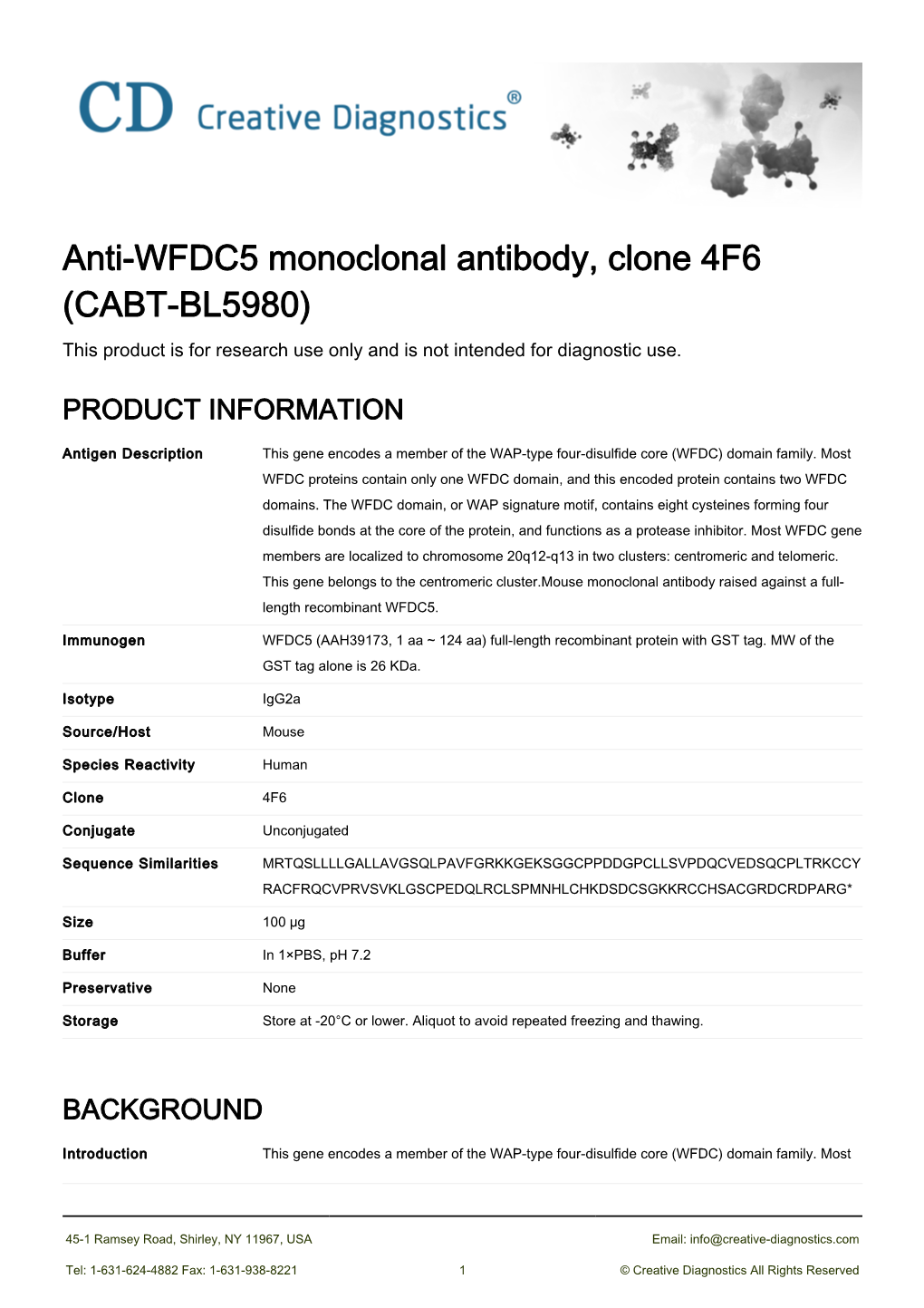 Anti-WFDC5 Monoclonal Antibody, Clone 4F6 (CABT-BL5980) This Product Is for Research Use Only and Is Not Intended for Diagnostic Use