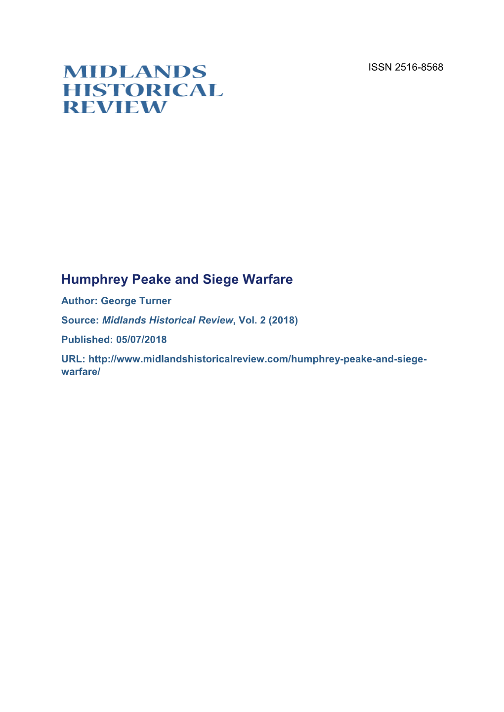 Humphrey Peake and Siege Warfare Author: George Turner Source: Midlands Historical Review, Vol