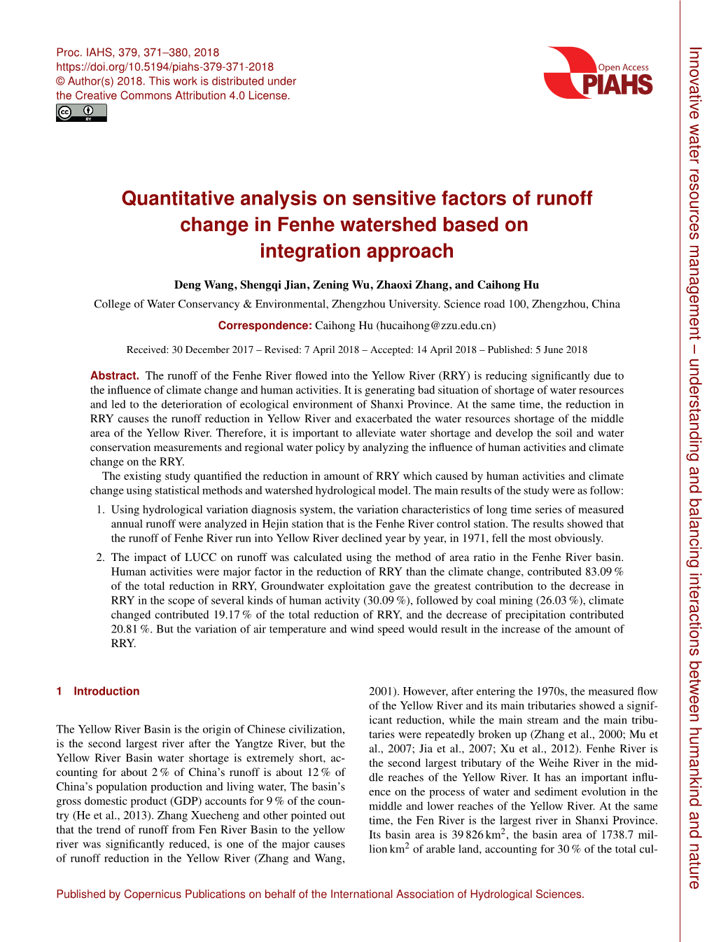 Quantitative Analysis on Sensitive Factors of Runoff Change in Fenhe Watershed Based on Integration Approach
