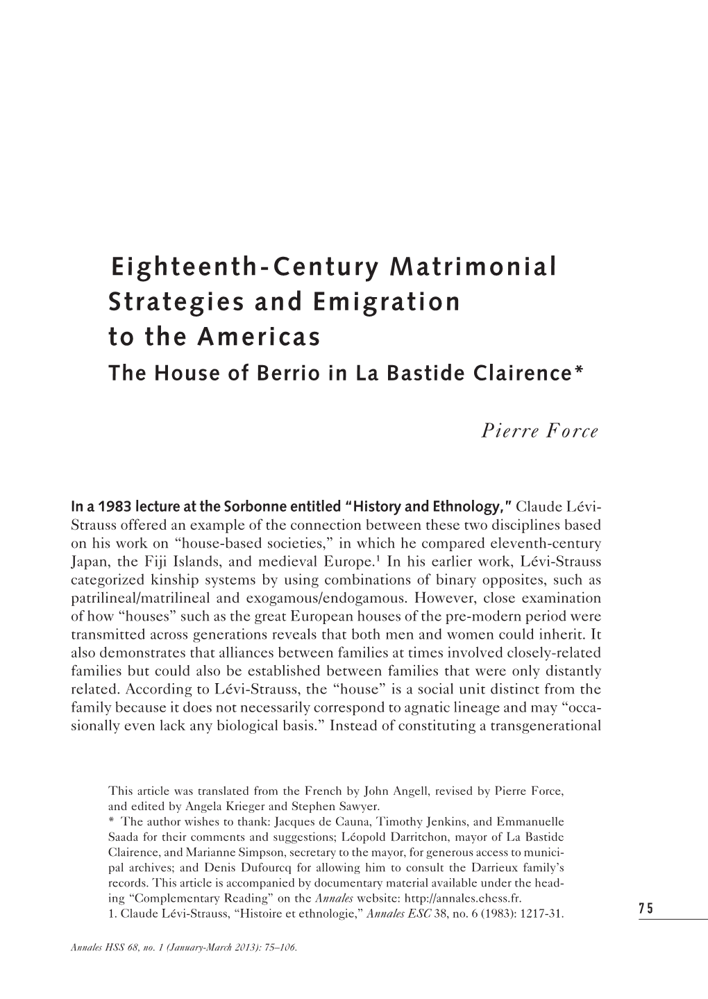 Eighteenth-Century Matrimonial Strategies and Emigration to the Americas the House of Berrio in La Bastide Clairence*