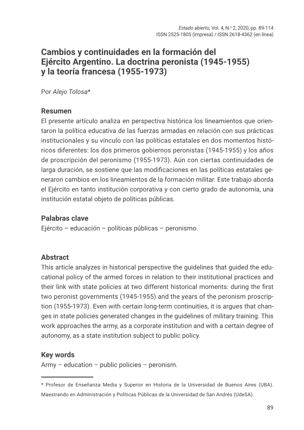 Cambios Y Continuidades En La Formación Del Ejército Argentino. La Doctrina Peronista (1945-1955) Y La Teoría Francesa (1955-1973)