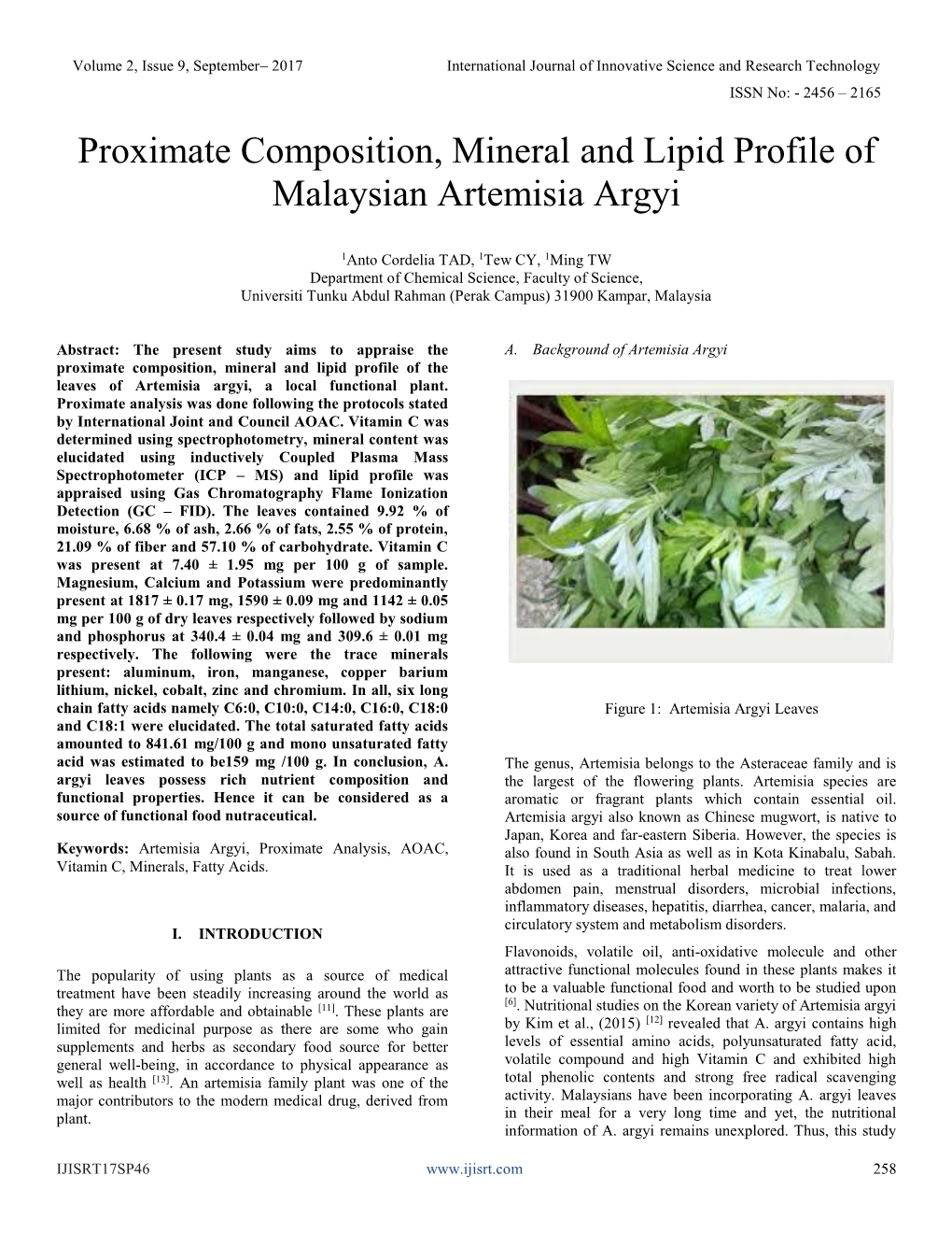 Proximate Composition, Mineral and Lipid Profile of Malaysian Artemisia