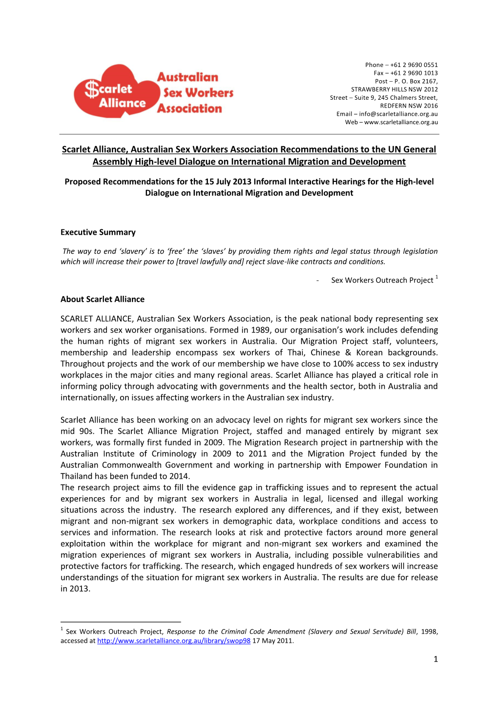 Scarlet Alliance, Australian Sex Workers Association Recommendations to the UN General Assembly High-Level Dialogue on International Migration and Development