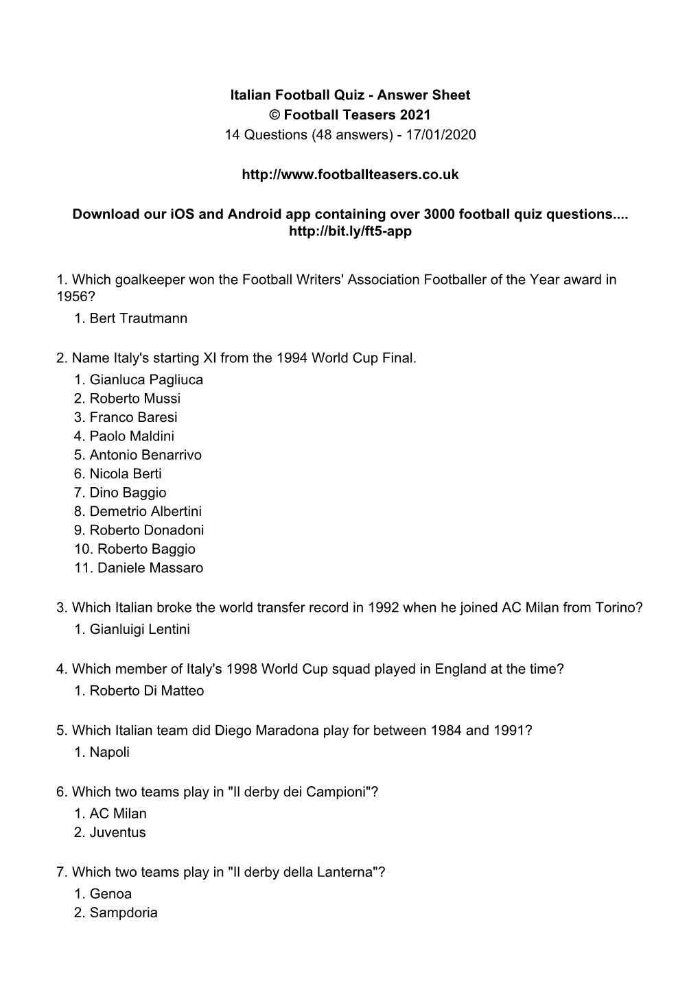 Italian Football Quiz - Answer Sheet © Football Teasers 2021 14 Questions (48 Answers) - 17/01/2020