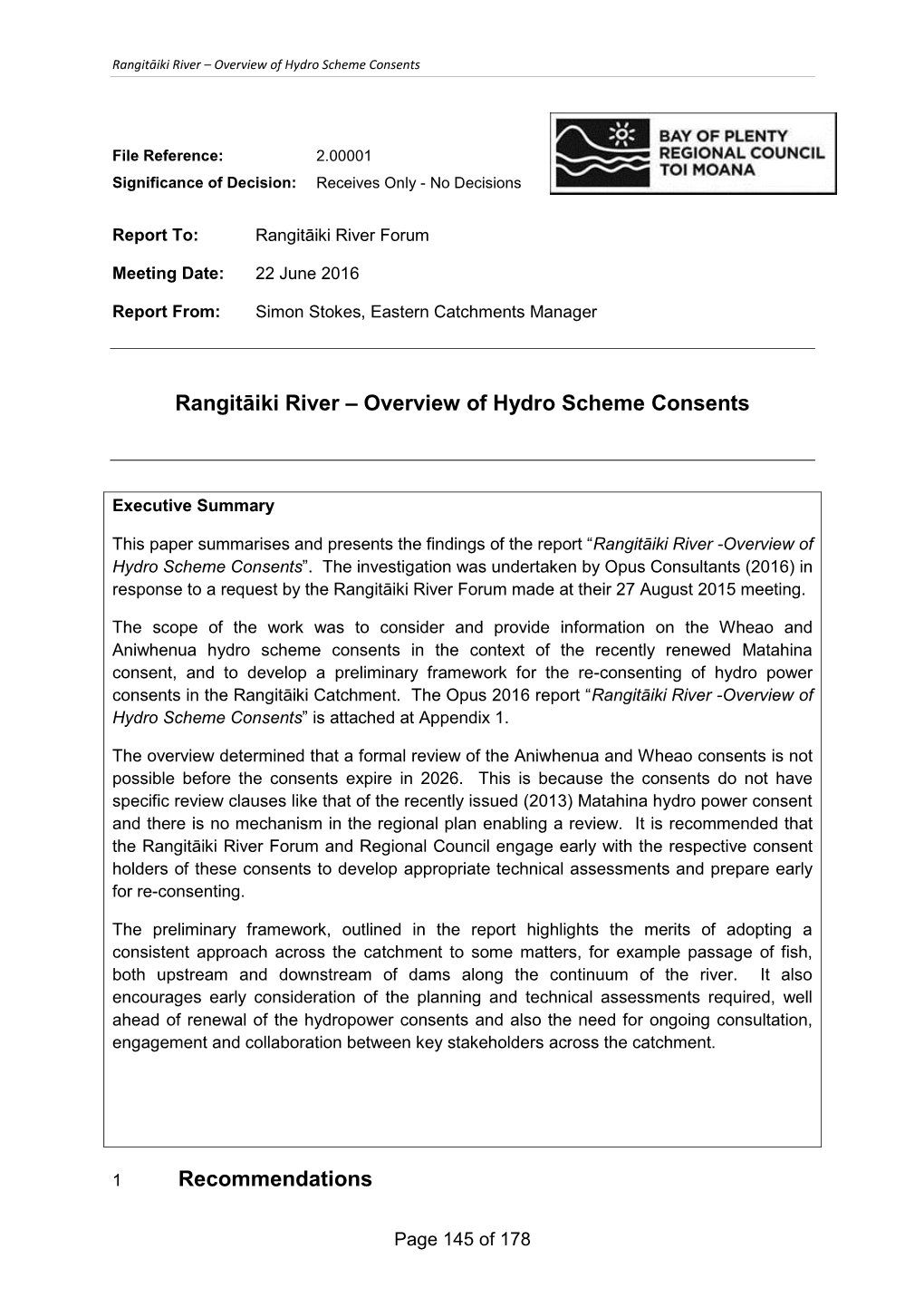 Rangitāiki River – Overview of Hydro Scheme Consents Recommendations