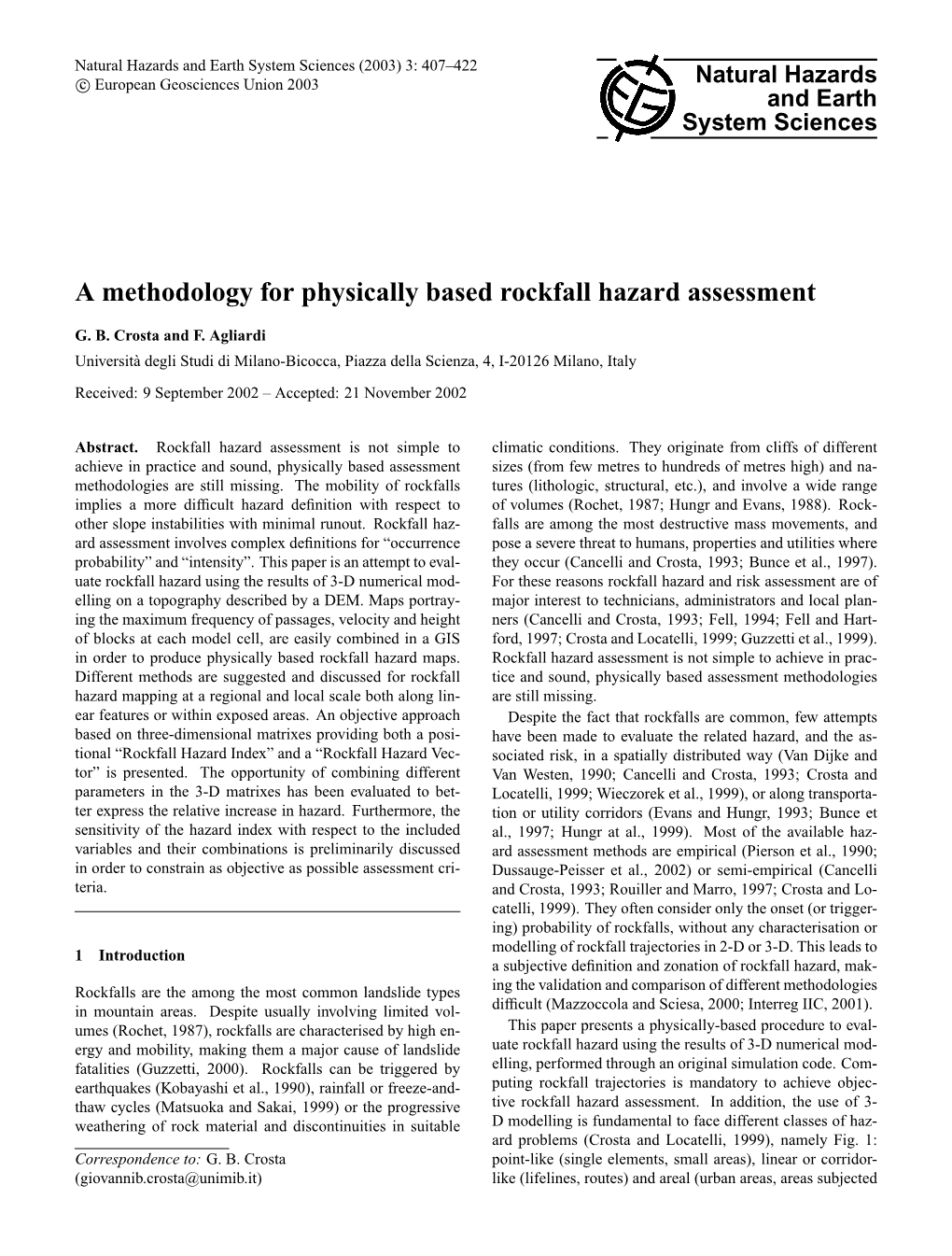 A Methodology for Physically Based Rockfall Hazard Assessment