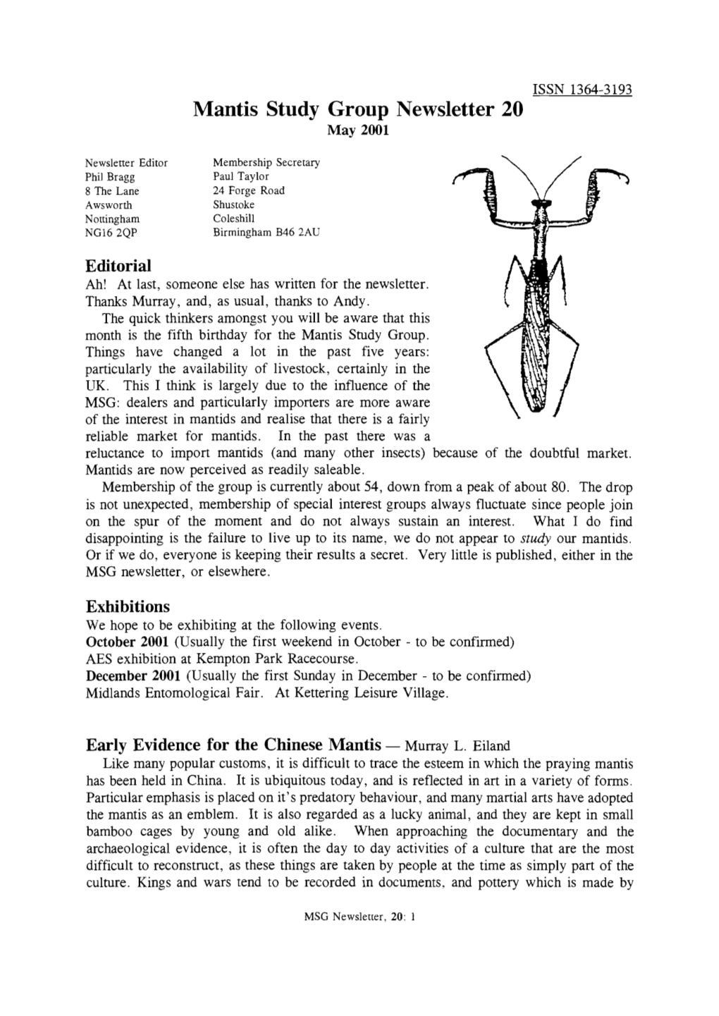 Mantis Study Group Newsletter, 20 (May 2001)
